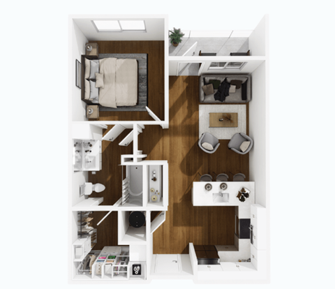 Floor plan for 1 bed, 1 bath, 726 sqft